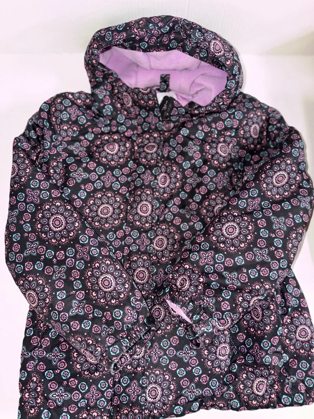The Children's Place Black Floral-Print Hooded Puffer Jacket with Purple Lining